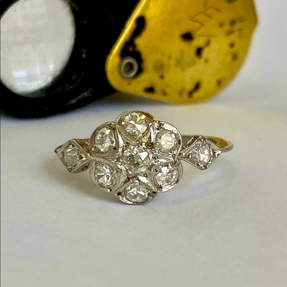 Edwardian Diamond Cluster Flower Ring Size 5 18k White Gold